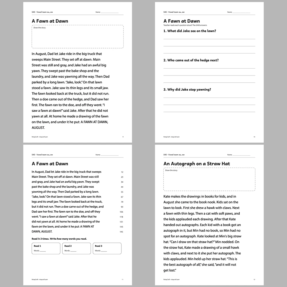 Vowel team au, aw Decodable Readers | 10 Stories 44 Pages | Phonics Printable PDF | Ages 6-9