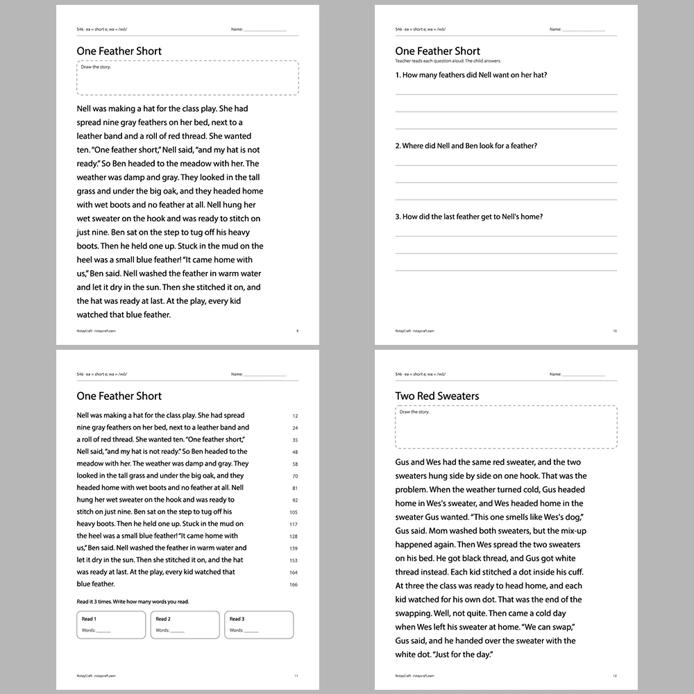 ea = short e; wa = /wŏ/ Decodable Readers | 10 Stories 44 Pages | Phonics Printable PDF | Ages 6-9