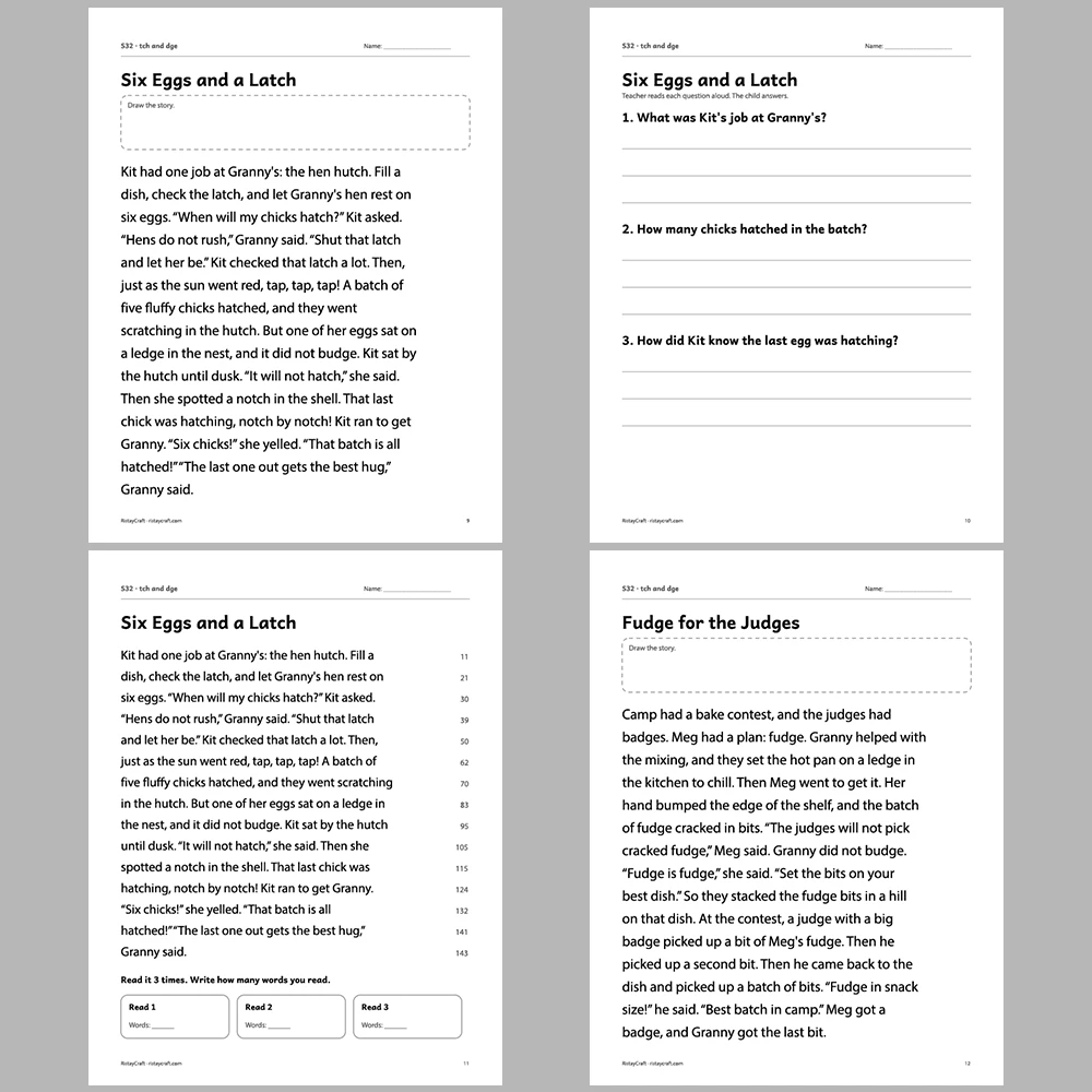 tch and dge Decodable Readers | 10 Stories 44 Pages | Phonics Printable PDF | Ages 6-8