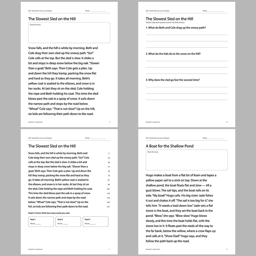 Vowel team oa, ow, oe (long o) Decodable Readers | 10 Stories 44 Pages | Phonics Printable PDF | Ages 6-8