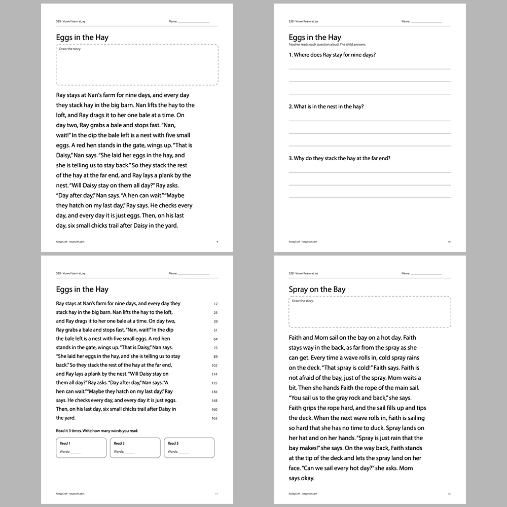 Vowel team ai, ay Decodable Readers | 10 Stories 44 Pages | Phonics Printable PDF | Ages 6-8