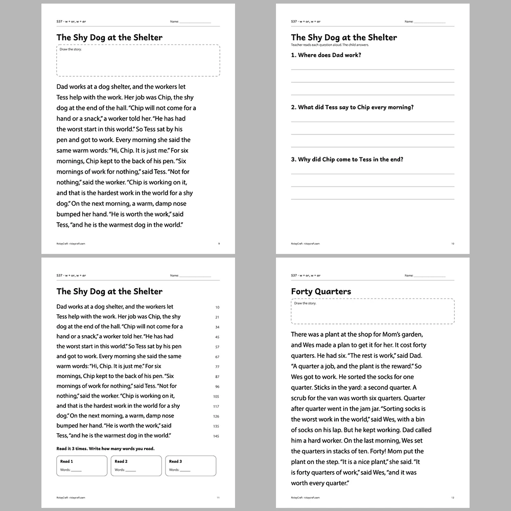 w + or, w + ar Decodable Readers | 10 Stories 44 Pages | Phonics Printable PDF | Ages 6-8