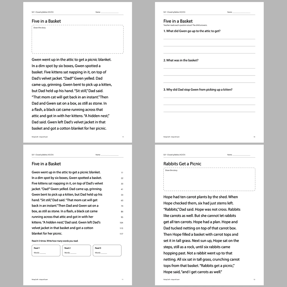 Closed syllables (VC/CV) Decodable Readers | 10 Stories 44 Pages | Phonics Printable PDF | Ages 6-8