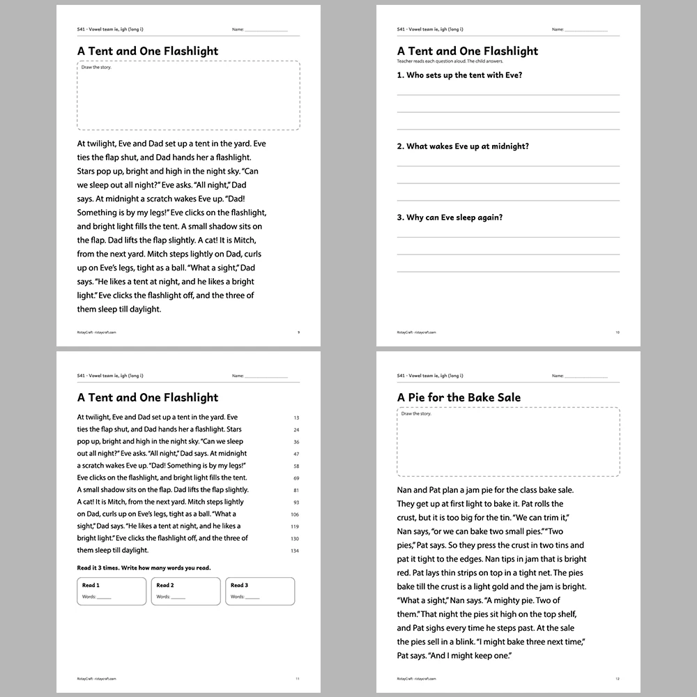 Vowel team ie, igh (long i) Decodable Readers | 10 Stories 44 Pages | Phonics Printable PDF | Ages 6-9