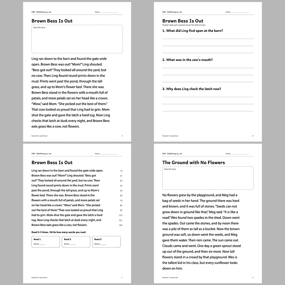 Diphthong ou, ow Decodable Readers | 10 Stories 44 Pages | Phonics Printable PDF | Ages 6-9