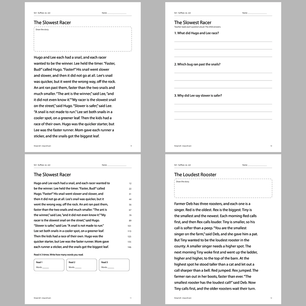 Suffixes -er, -est Decodable Readers | 10 Stories 44 Pages | Phonics Printable PDF | Ages 6-9