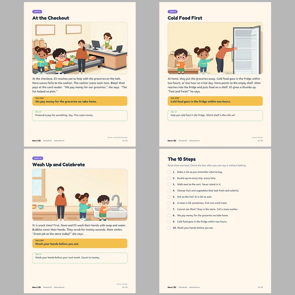 Grocery Store Social Narrative for Kids | 29-Page Printable Big Moment Story Ages 4–8 | Shopping List Cart Checkout Story Activities