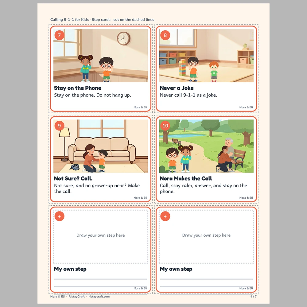 Calling 9-1-1 for Kids Picture Step Cards | Printable Visual Sequence Cards for Kids Ages 5–8 | Safety Rules Companion