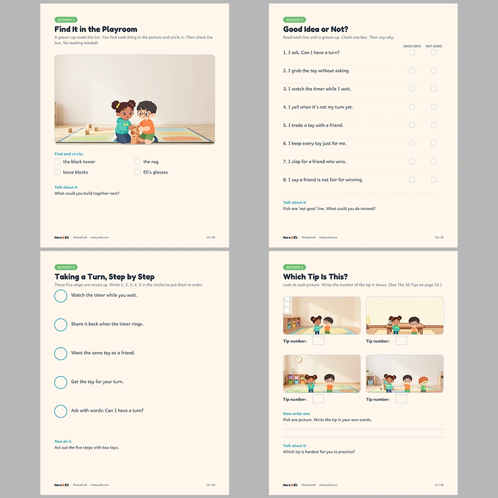 Sharing and Taking Turns Social Narrative for Kids | 29-Page Printable Big Moment Story Ages 4-8 | Turn Taking Stories Activities