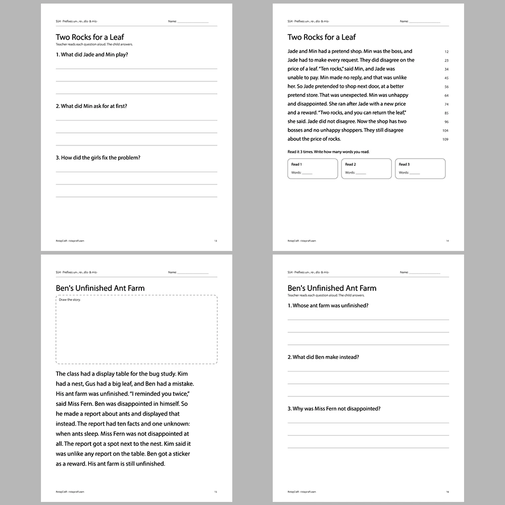Prefixes un-, re-, dis- & mis- Decodable Readers | 10 Stories 44 Pages | Phonics Printable PDF | Ages 6-9
