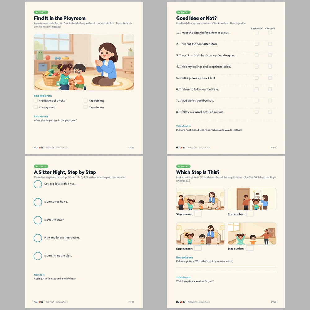 New Babysitter Social Narrative for Kids | 29-Page Printable Big Moment Story Ages 4–8 | Babysitter Goodbye Story Activities