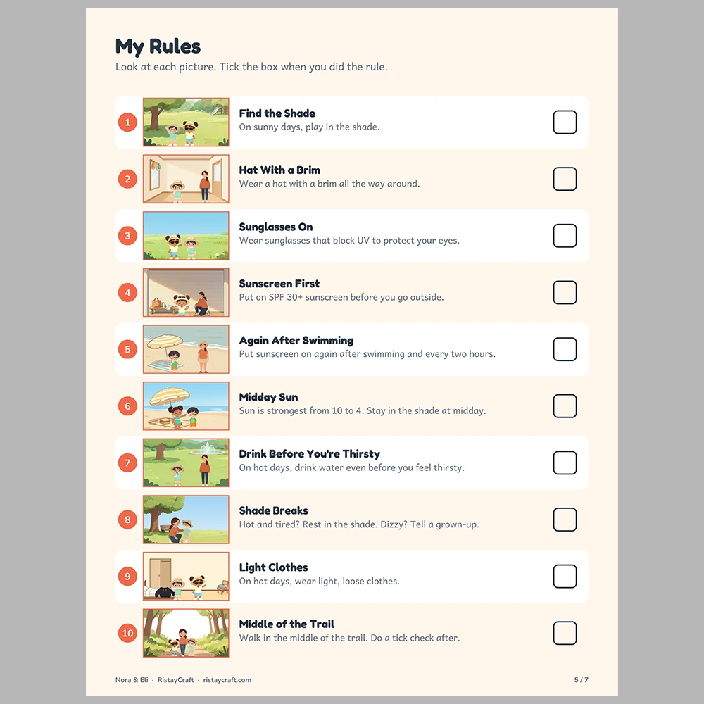 Sun Safety for Kids Picture Rule Cards | Printable Visual Sequence Cards for Kids Ages 5–8 | Safety Rules Companion