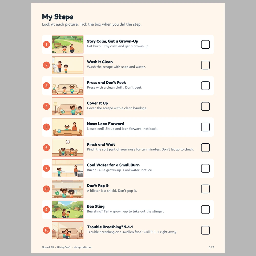 First Aid for Kids Picture Step Cards | Printable Visual Sequence Cards for Kids Ages 5–8 | Safety Rules Companion