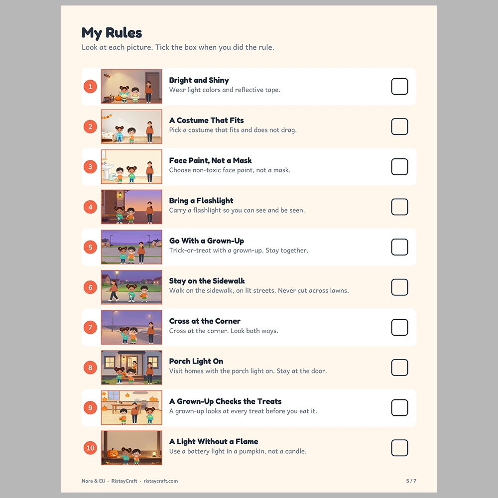 Trick-or-Treat Safety Picture Rule Cards | Printable Visual Sequence Cards for Kids Ages 5–8 | Safety Rules Companion