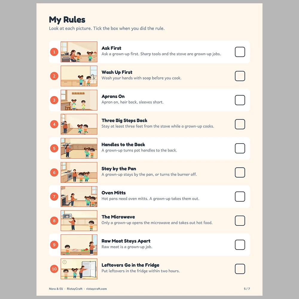 Kitchen Safety for Kids Picture Rule Cards | Printable Visual Sequence Cards for Kids Ages 5–8 | Safety Rules Companion