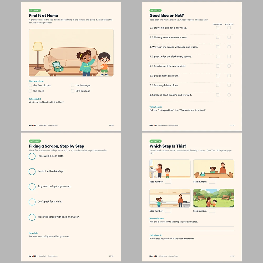 First Aid for Kids Printable | 29-Page Small Hurts First Aid Workbook Ages 5–8 | Scrapes Nosebleeds Stings Stories Activities