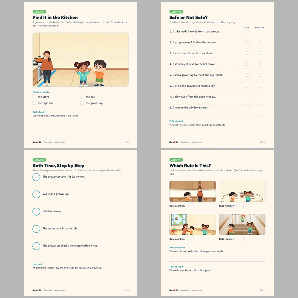 Home Safety for Kids Printable | 29-Page Safe at Home Workbook Ages 5–8 | Medicine Stove Window Rules Stories Activities