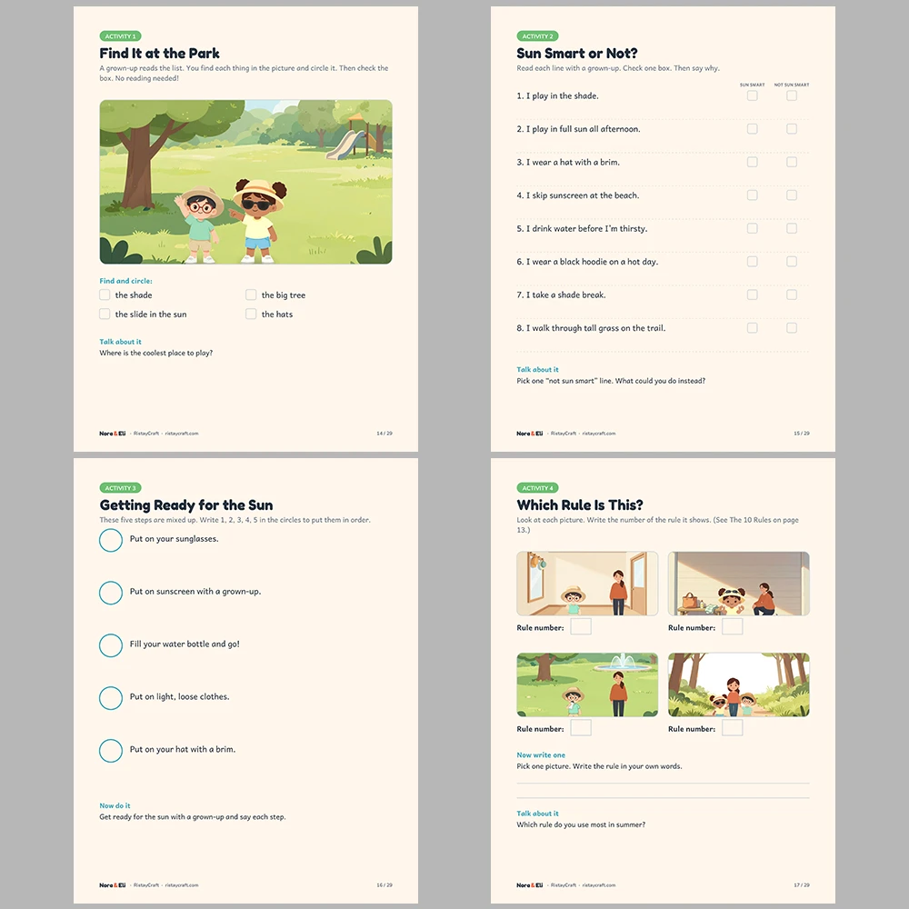 Sun Safety for Kids Printable | 29-Page Summer Heat and Sunscreen Workbook Ages 5–8 | Shade Hat Water Stories Activities