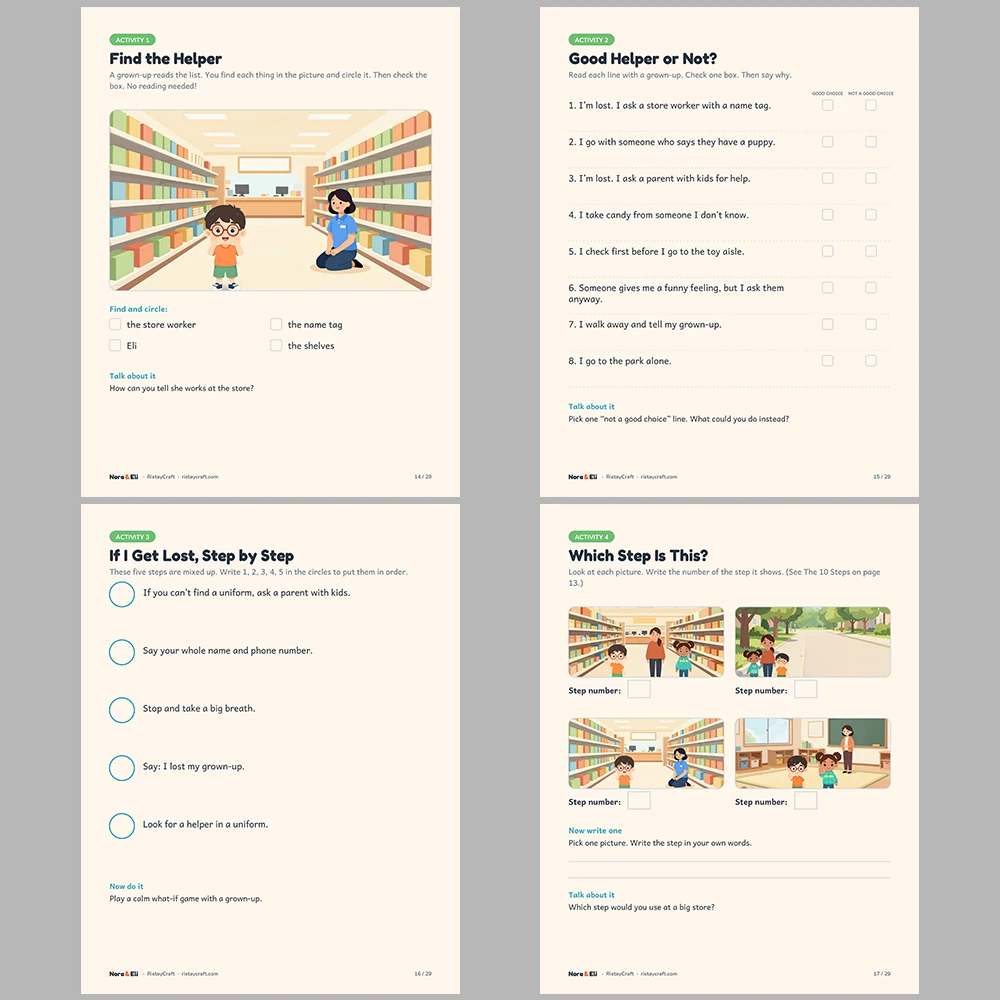 Stranger Safety for Kids Printable | 29-Page Lost Child and Safe Helpers Workbook Ages 5–8 | Check First Stories Activities