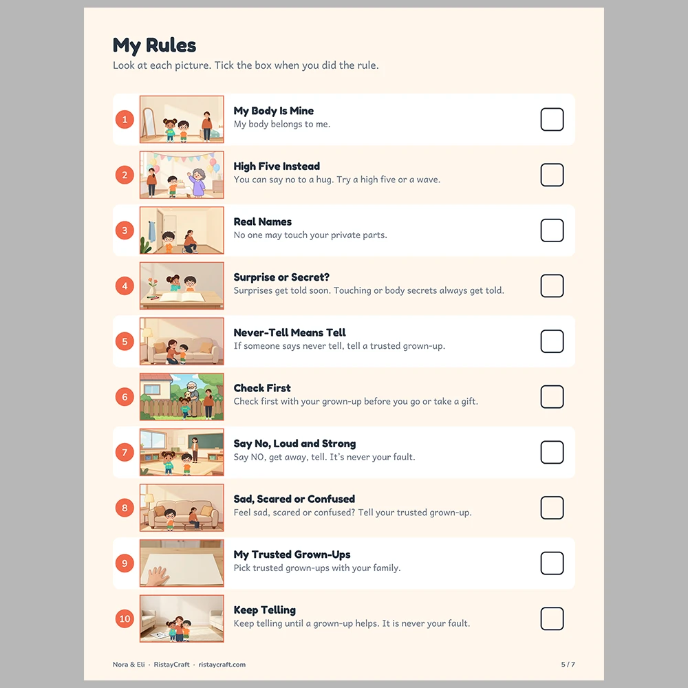 Body Safety for Kids Picture Rule Cards | Printable Visual Sequence Cards for Kids Ages 5–8 | Safety Rules Companion