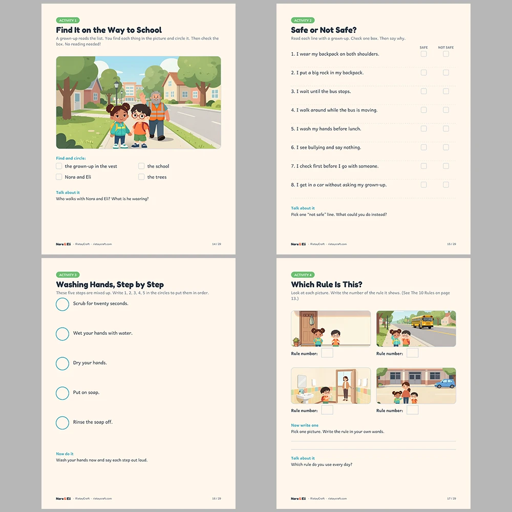 School Safety for Kids Printable | 29-Page Back to School Rules Workbook Ages 5–8 | Bus Handwashing Bullying Stories Activities