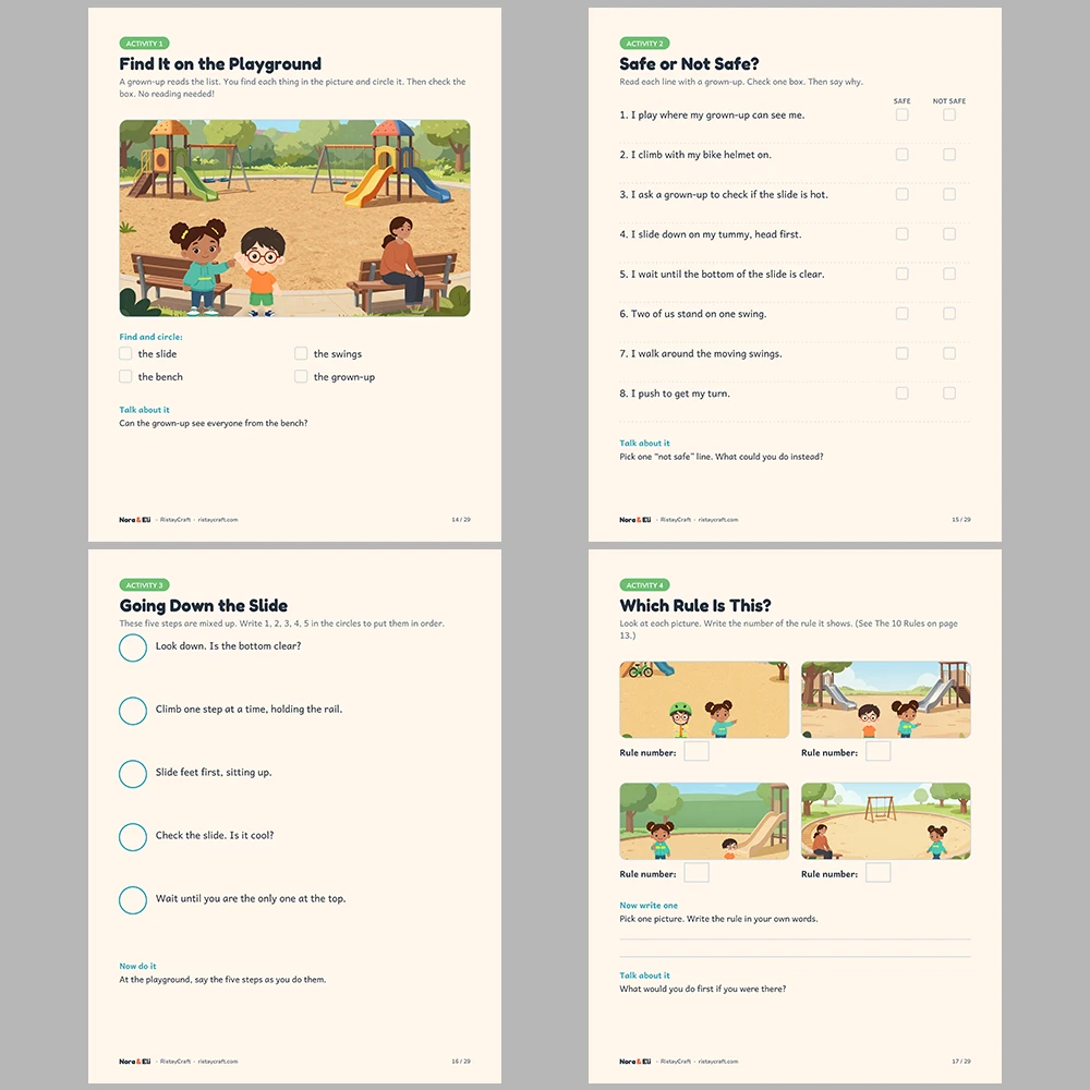 Playground Safety for Kids Printable | 29-Page Recess and Park Safety Workbook Ages 5–8 | Stories Activities