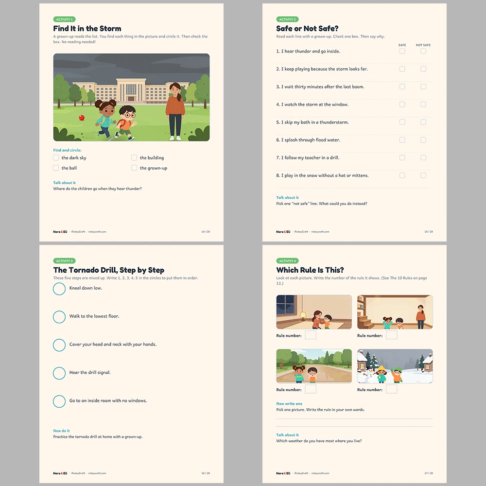 Weather Safety for Kids Printable | 29-Page Storm Tornado Flood Safety Workbook Ages 5–8 | Stories Activities