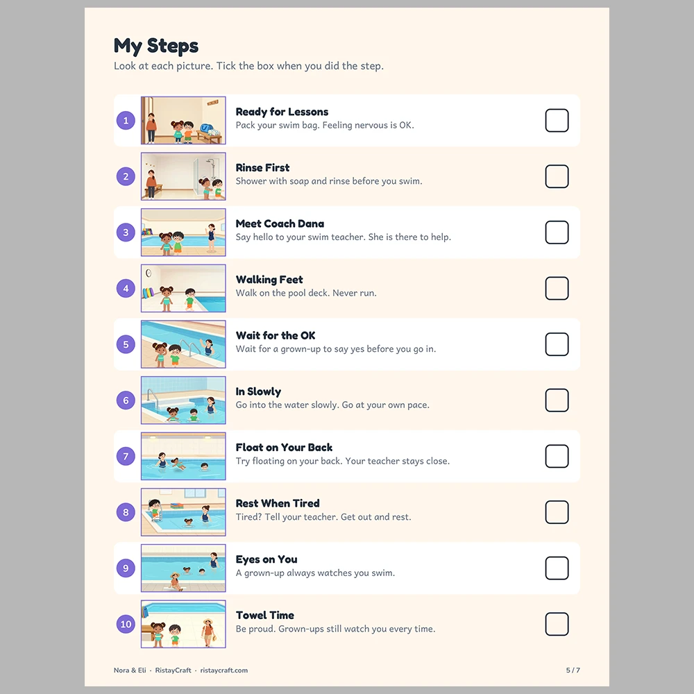 My First Swim Lesson Picture Step Cards | Printable Visual Sequence Cards for Kids Ages 4–8 | Social Narrative Companion
