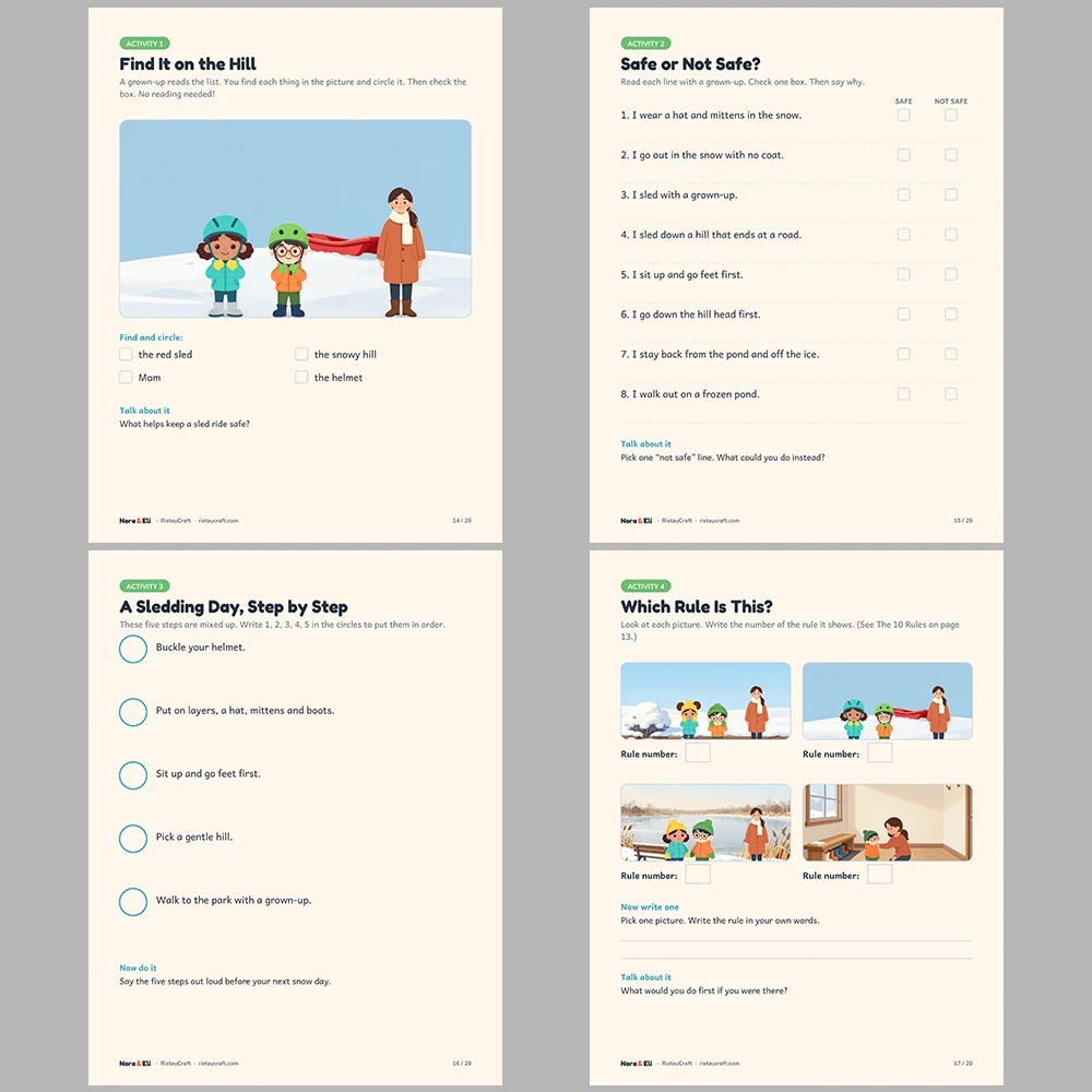 Winter Safety for Kids Printable | 29-Page Snow and Ice Safety Workbook Ages 5–8 | Sledding Layers Cold Weather Activities