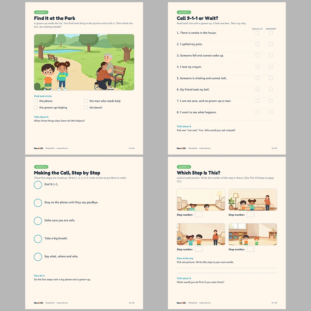 How to Call 911 for Kids Printable | 29-Page Emergency Safety Workbook Ages 5–8 | Stories Activities Address Card