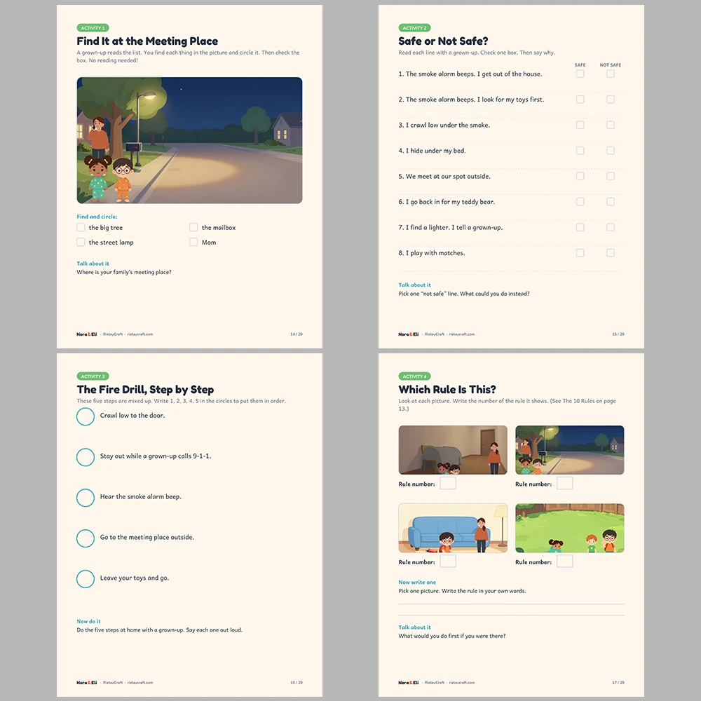 Fire Safety for Kids Printable | 29-Page Fire Drill and Escape Plan Workbook Ages 5–8 | Smoke Alarm Stories Activities