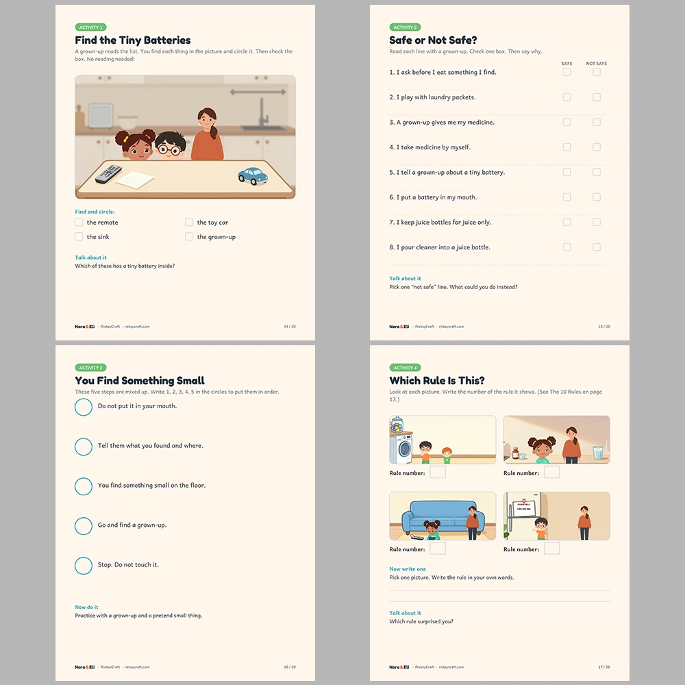 Poison Safety for Kids Printable | 29-Page Medicine Battery and Laundry Packet Safety Workbook Ages 5–8 | Stories Activities