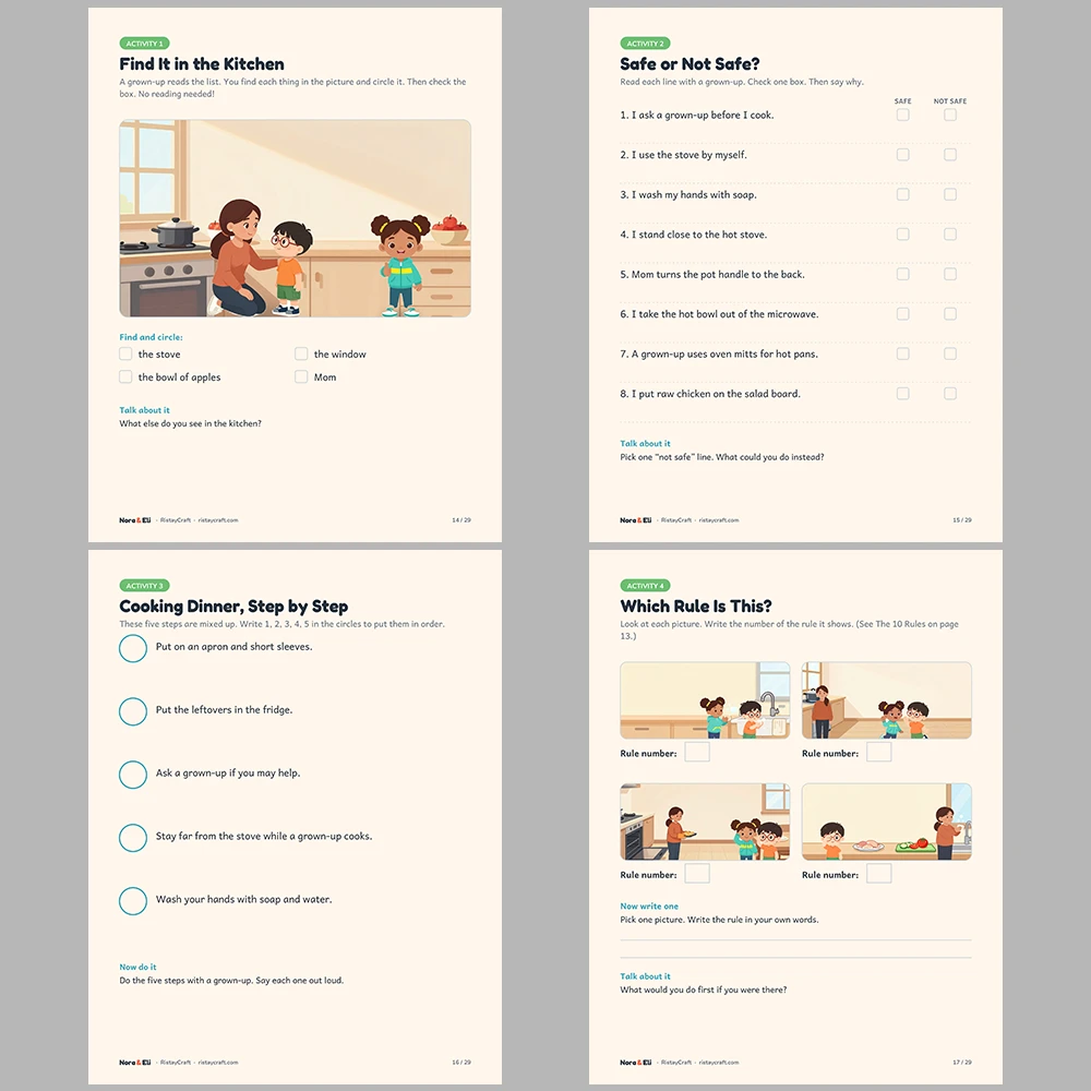 Kitchen Safety for Kids Printable | 29-Page Cooking Safety Workbook Ages 5–8 | Stove Hot Pan Handwashing Stories Activities