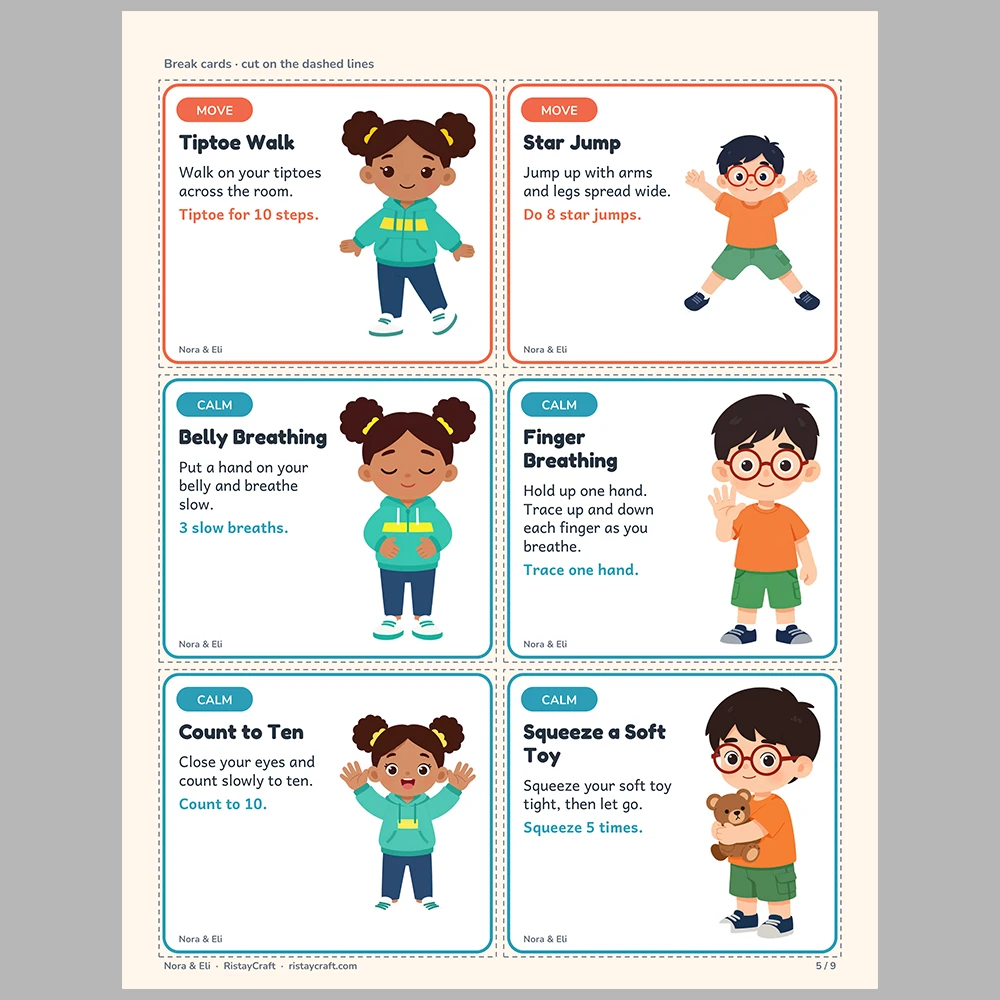 Movement & Calm Break Cards for Kids, Printable Brain Break Cards Ages 4-8, Classroom Calm Corner, Nora & Eli