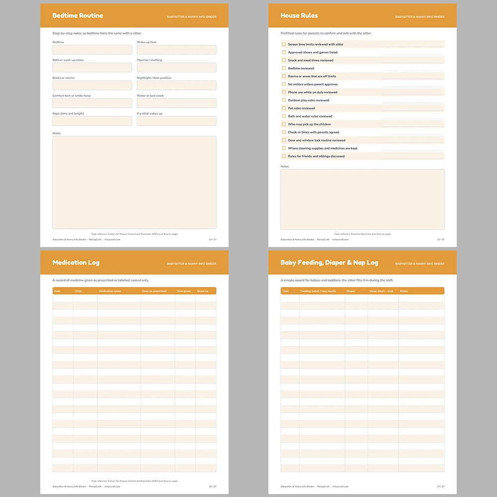 Babysitter Binder Printable | Nanny Info Sheet | Emergency Contacts, Child Profile, Bedtime Routine, Sitter Notes | Instant Download PDF