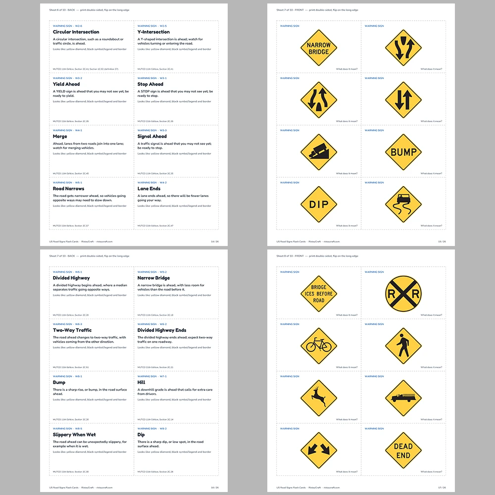 US Road Signs Flash Cards | 75 Real US Traffic Signs with Meanings | Driver’s Ed & Permit Test Study Cards | Printable PDF
