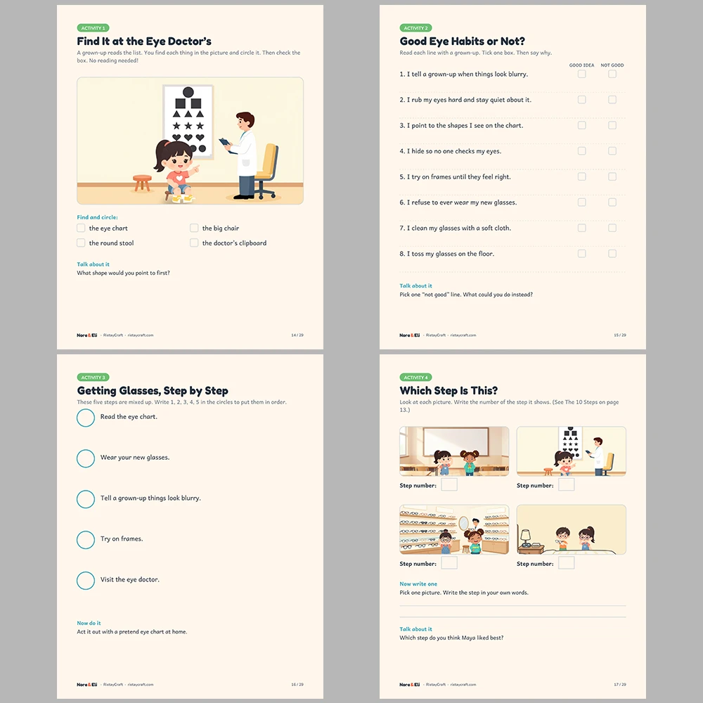 Getting Glasses Social Narrative for Kids | 29-Page Printable Big Moment Story Ages 4–8 | Eye Exam Frames Activities