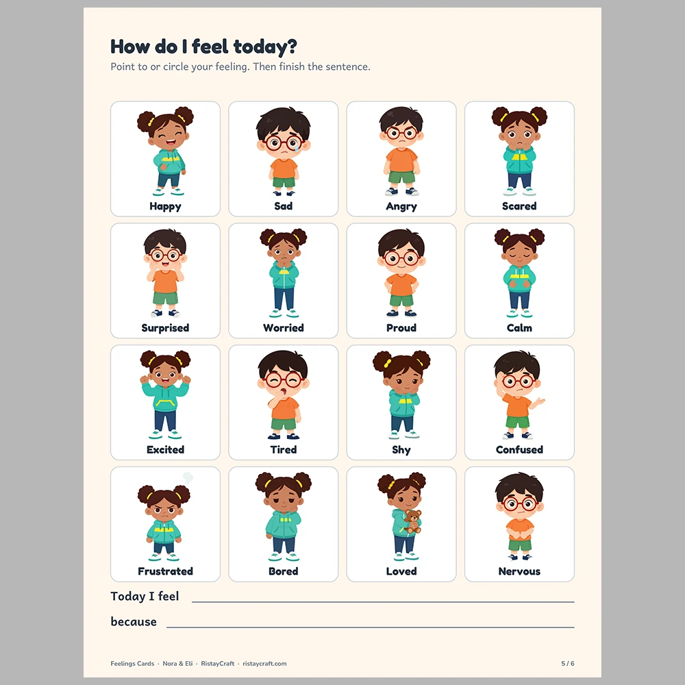 Feelings Picture Cards for Kids | 16 Emotions Flash Cards, Feelings Check-In Chart & Weekly Feelings Chart | Printable SEL Ages 3-8