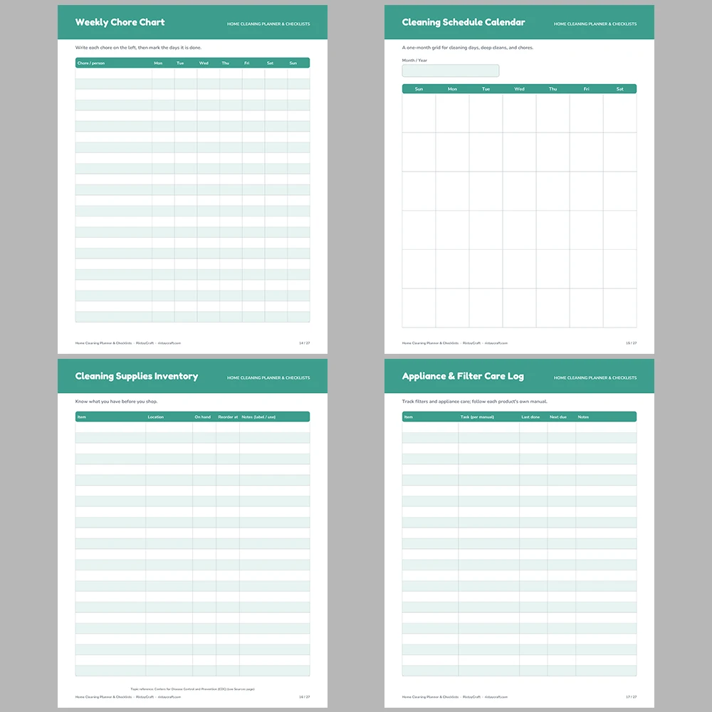 Home Cleaning Planner Printable | Cleaning Checklists, Chore Chart, Deep Clean Room Lists, Supplies Inventory & Calendar | Fillable PDF