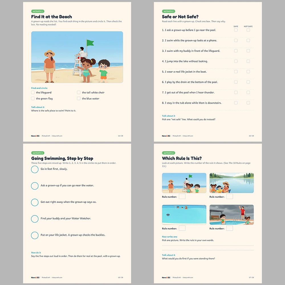 Water Safety for Kids Printable | 29-Page Pool Beach Lake Safety Workbook Ages 5–8 | Stories Activities | Instant Download