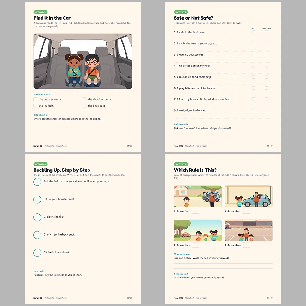 Car Safety for Kids Printable | 29-Page Seat Belt and Booster Seat Workbook Ages 5–8 | Buckle Up Stories Activities