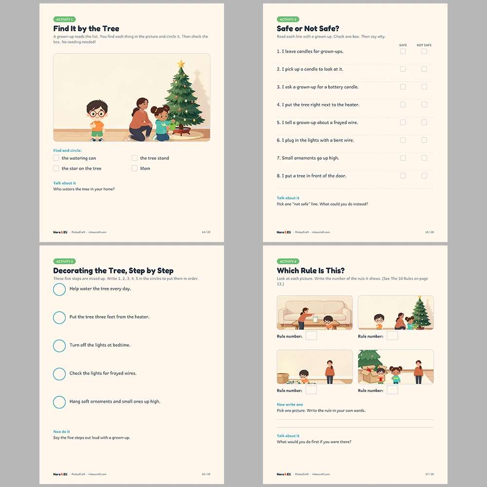 Holiday Safety for Kids Printable | 29-Page Christmas Tree Candle and Lights Safety Workbook Ages 5–8 | December Activities