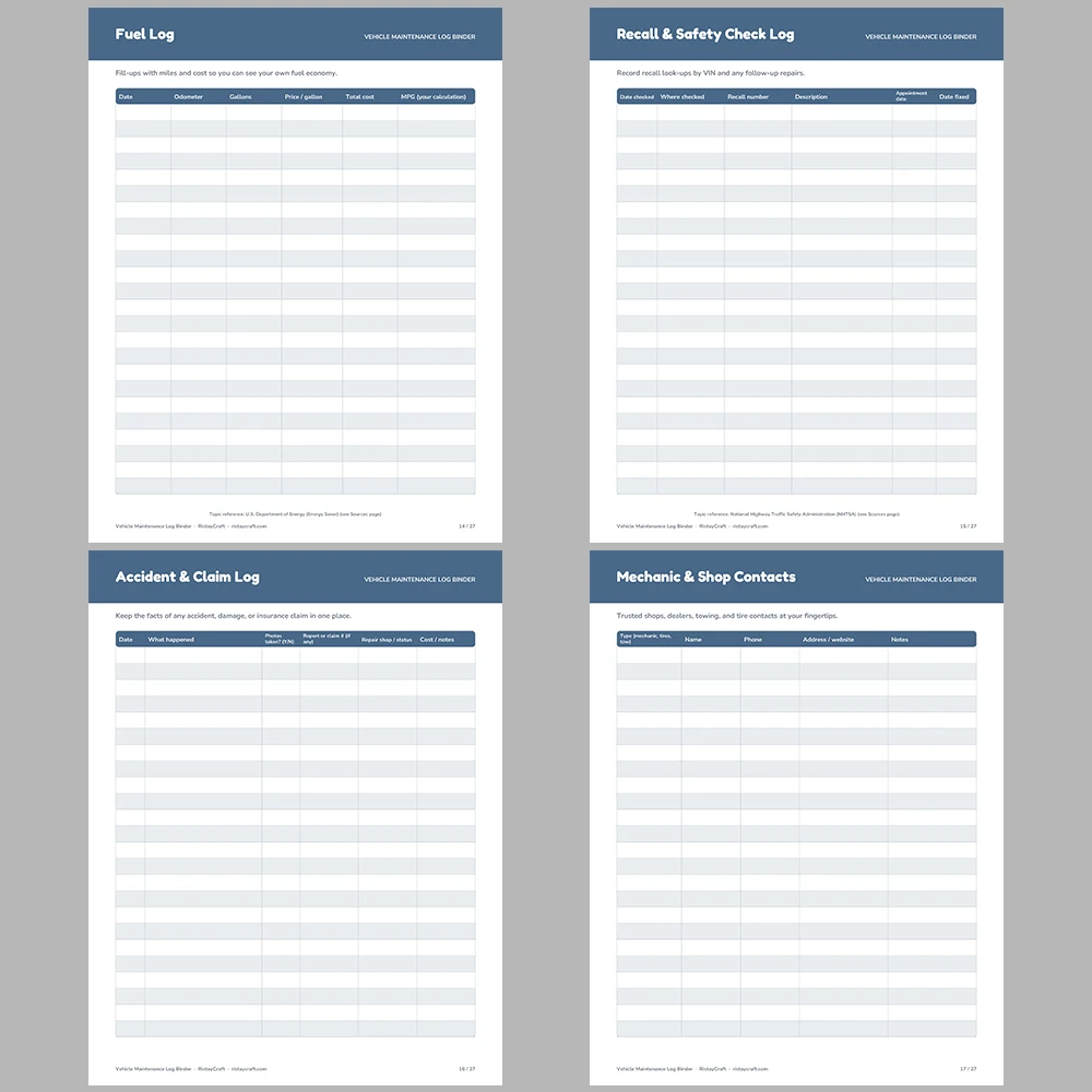 Vehicle Maintenance Log Binder Printable | Car Service Record, Oil Change Log, Fuel Log, Repair Log | Fillable PDF Download