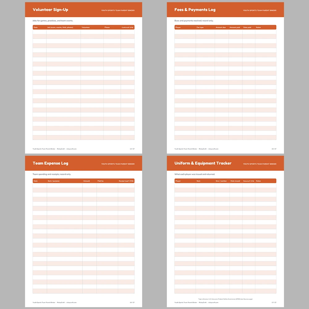 Team Parent Binder Printable | Youth Sports Manager Organizer | Roster, Snack Schedule, Carpool Log, Game Day Checklist | Instant PDF