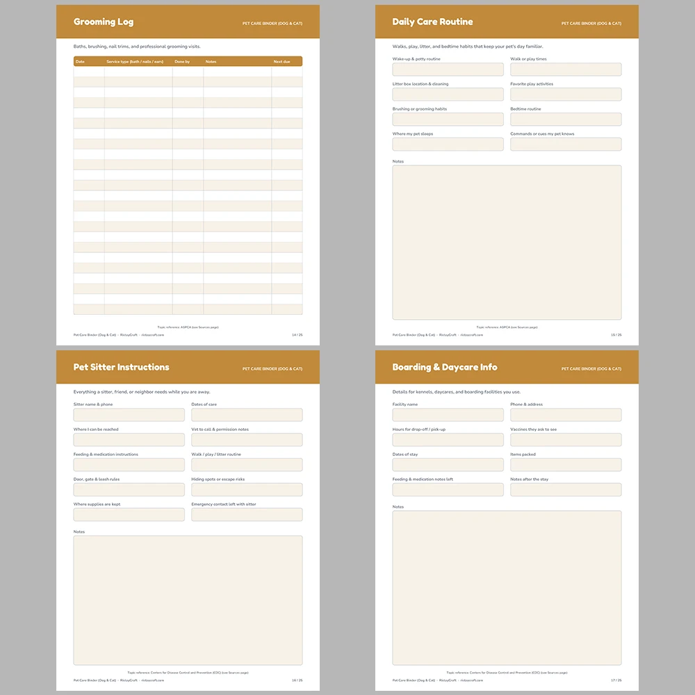 Pet Care Binder Printable | Dog & Cat Health Record, Vaccination Log, Feeding Schedule, Pet Sitter Sheet | Instant Download PDF