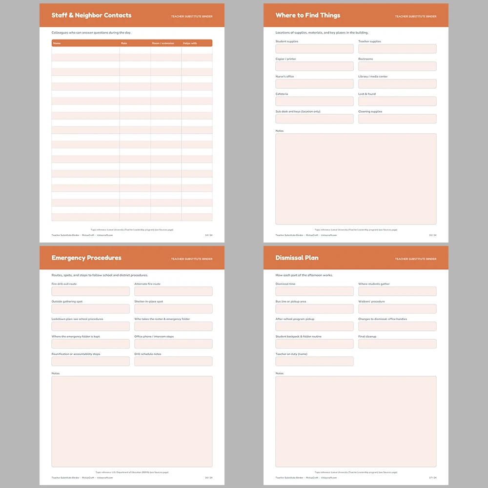 Substitute Teacher Binder Printable | Sub Plans Template | Classroom Roster, Schedule, Emergency Info | K-8 Fillable PDF Instant Download