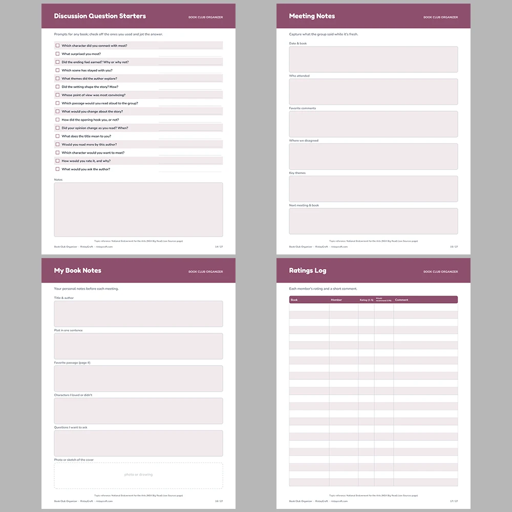 Book Club Organizer Printable | Member List, Meeting Schedule, Book Votes, Hosting Rotation & Ratings Log | Fillable PDF Planner