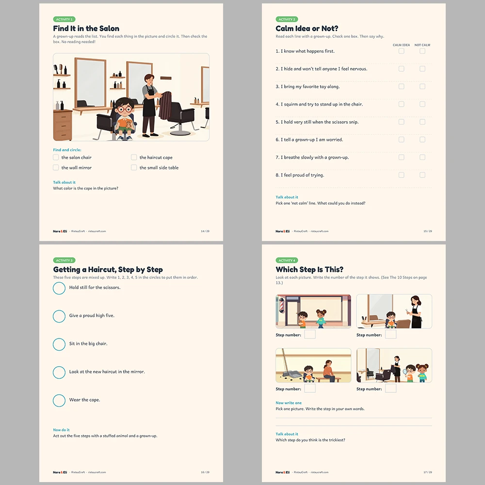 Getting a Haircut Social Narrative for Kids | 29-Page Printable Big Moment Story Ages 4–8 | Calm Coping Sensory Tips Activities