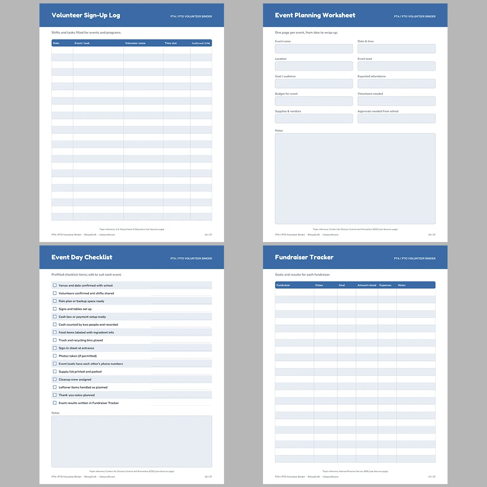 PTA Binder Printable | PTO Volunteer Organizer | Meeting Minutes, Event Planner, Fundraiser Tracker, Budget Log | Instant Download PDF