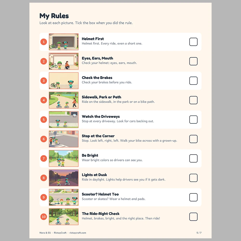 Bike Safety for Kids Picture Rule Cards | Printable Visual Sequence Cards for Kids Ages 5–8 | Safety Rules Companion